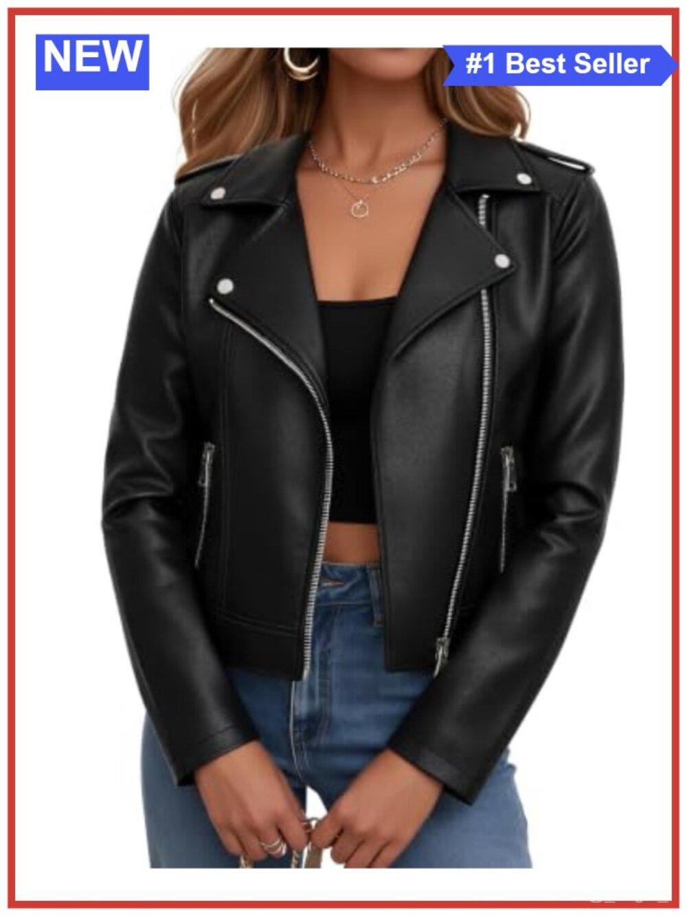 Women Faux Leather Cropped Moto Biker Jacket Zip Up Casual